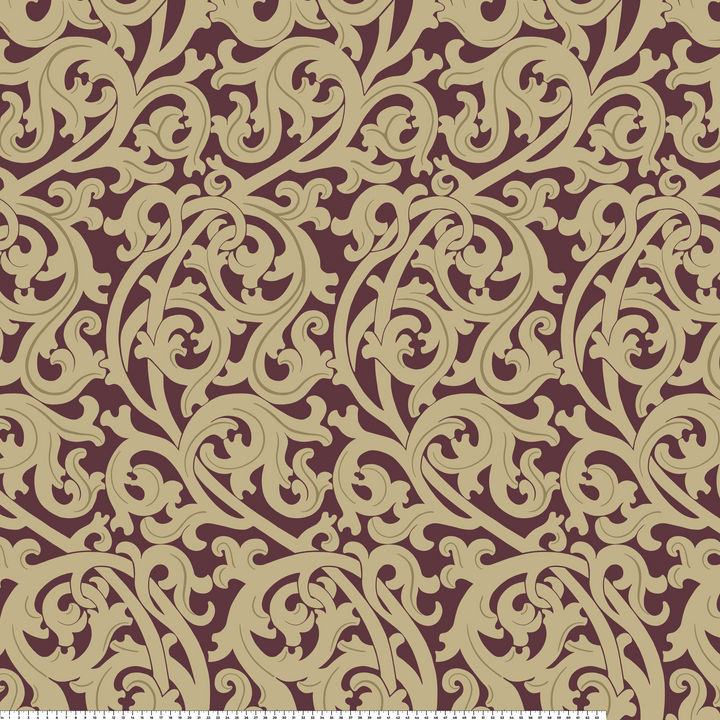 Large gold acanthus scroll motif on a red ground: measurement scale view for fabric by the yard.
