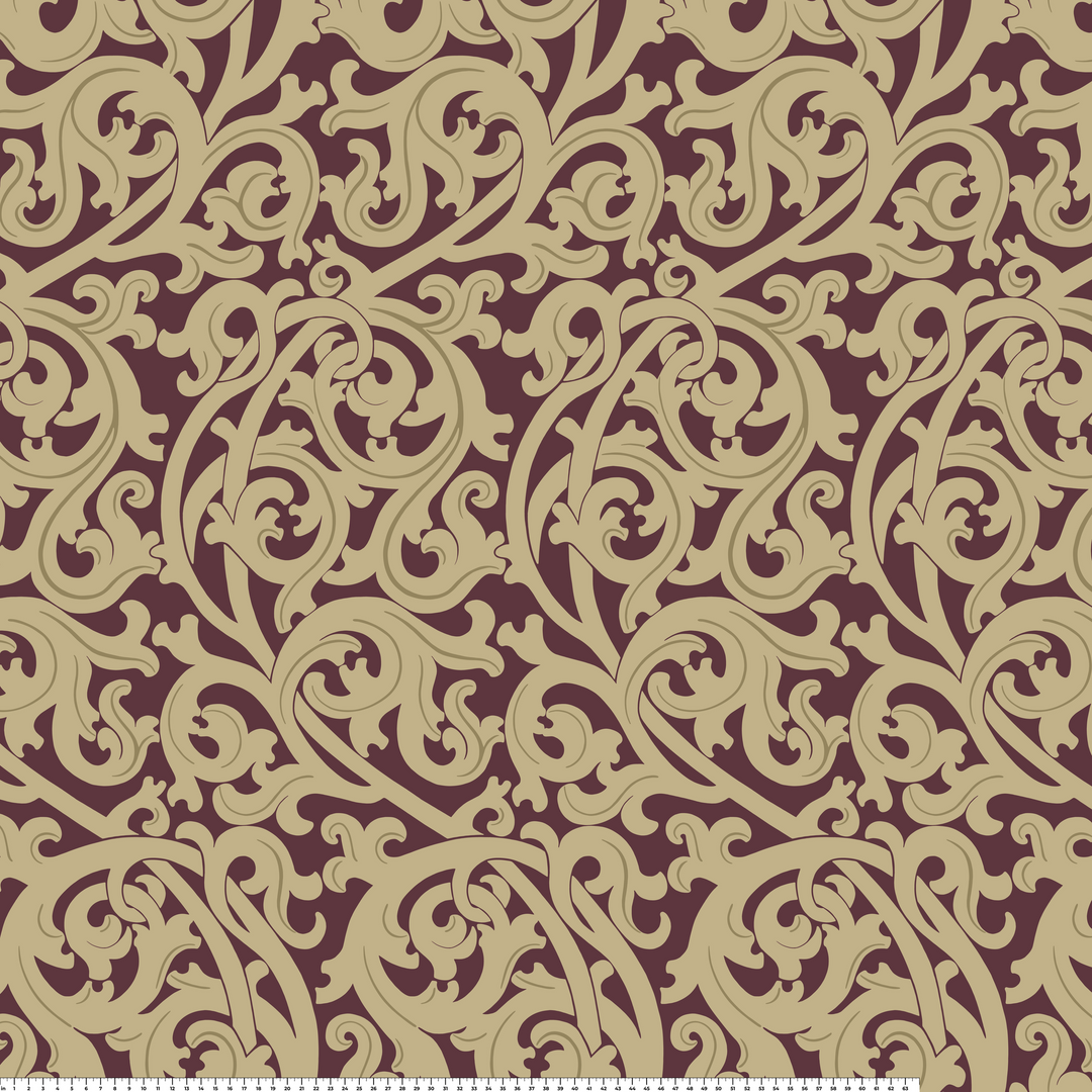 Large gold acanthus scroll motif on a red ground: measurement scale view for fabric by the yard.