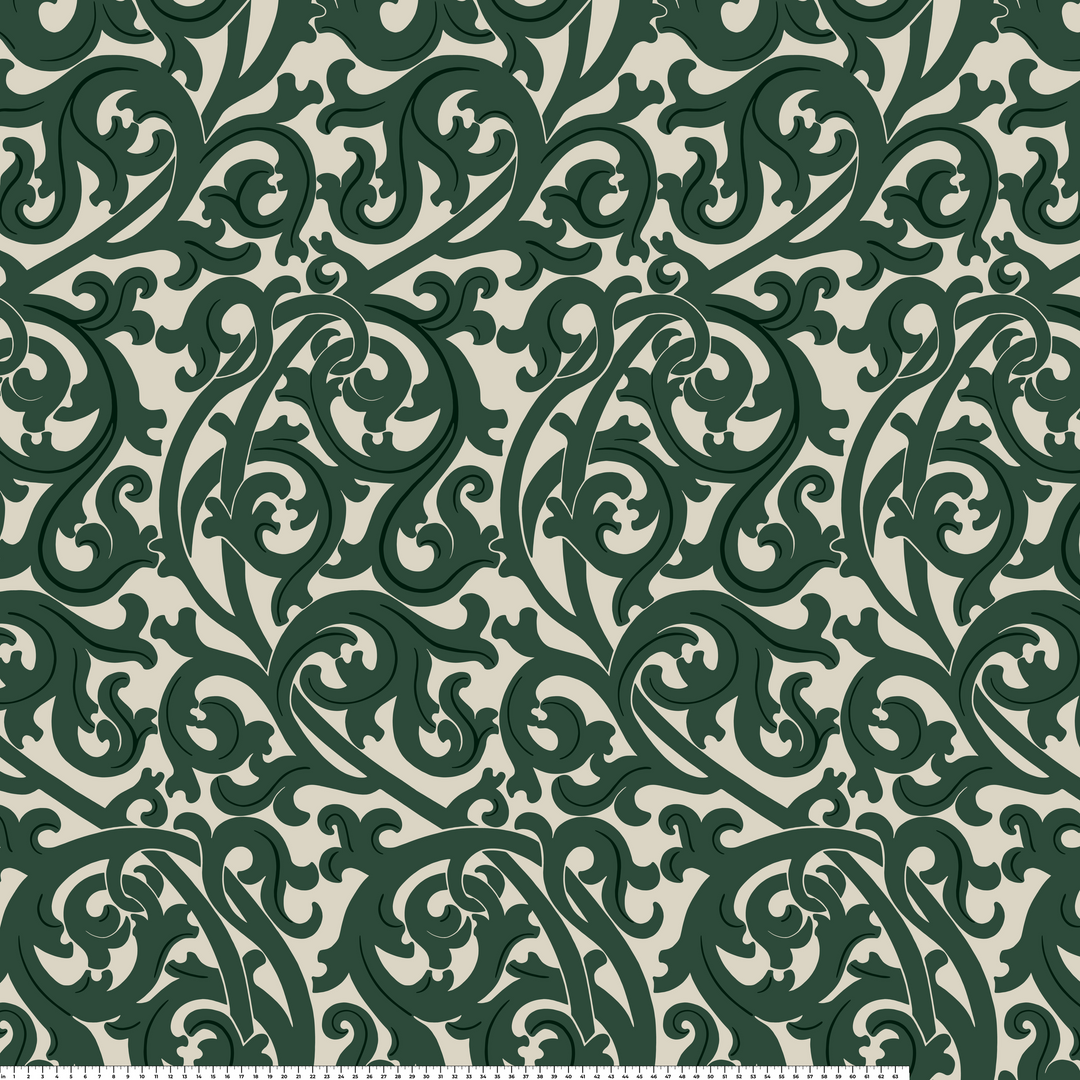 Large green acanthus scroll motif on a beige ground: measurement scale view for fabric by the yard.