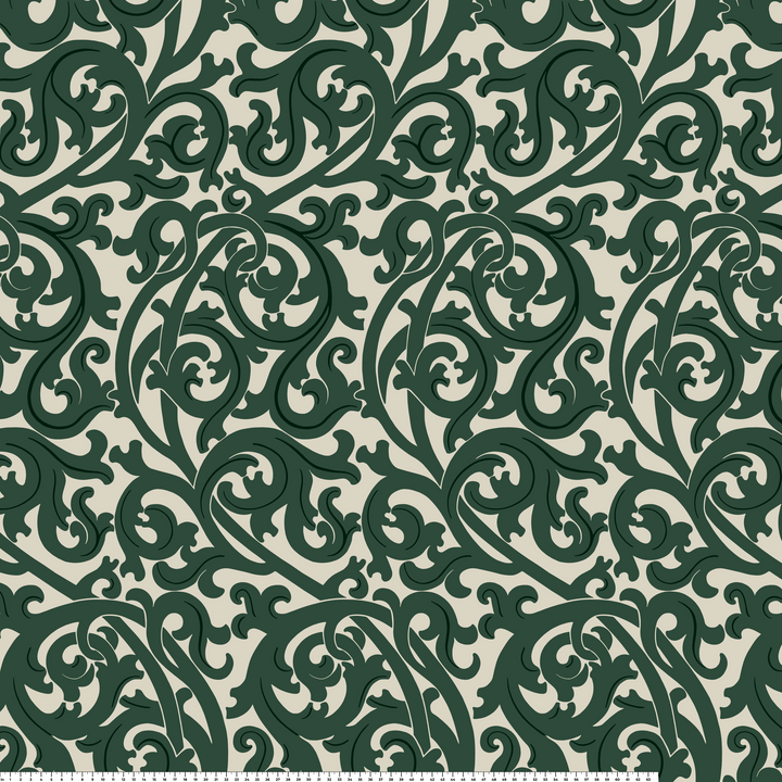 Large green acanthus scroll motif on a beige ground: measurement scale view for fabric by the yard.