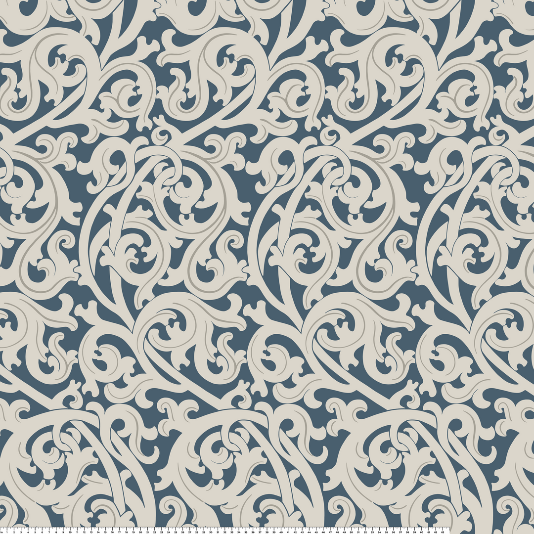 Large beige acanthus scroll motif on a blue ground: measurement scale view for fabric by the yard.