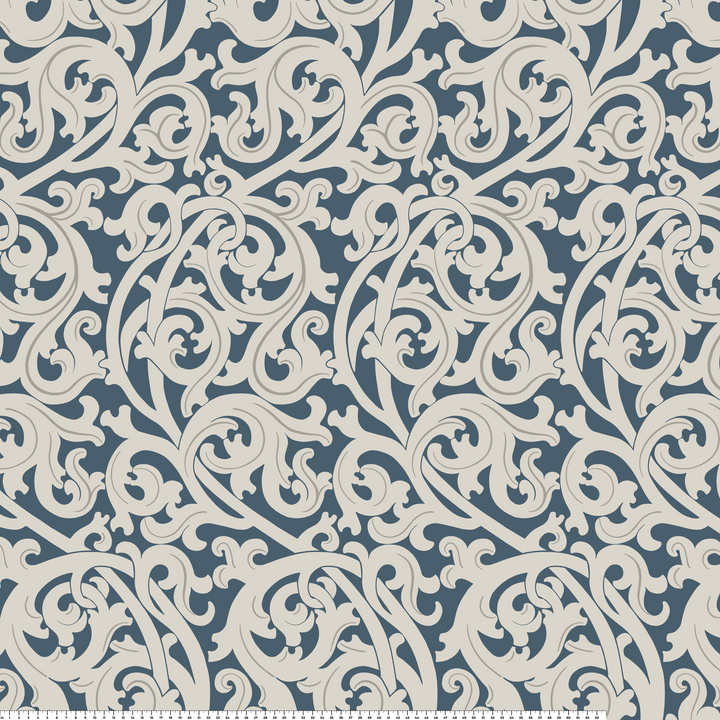 Large beige acanthus scroll motif on a blue ground: measurement scale view for fabric by the yard.