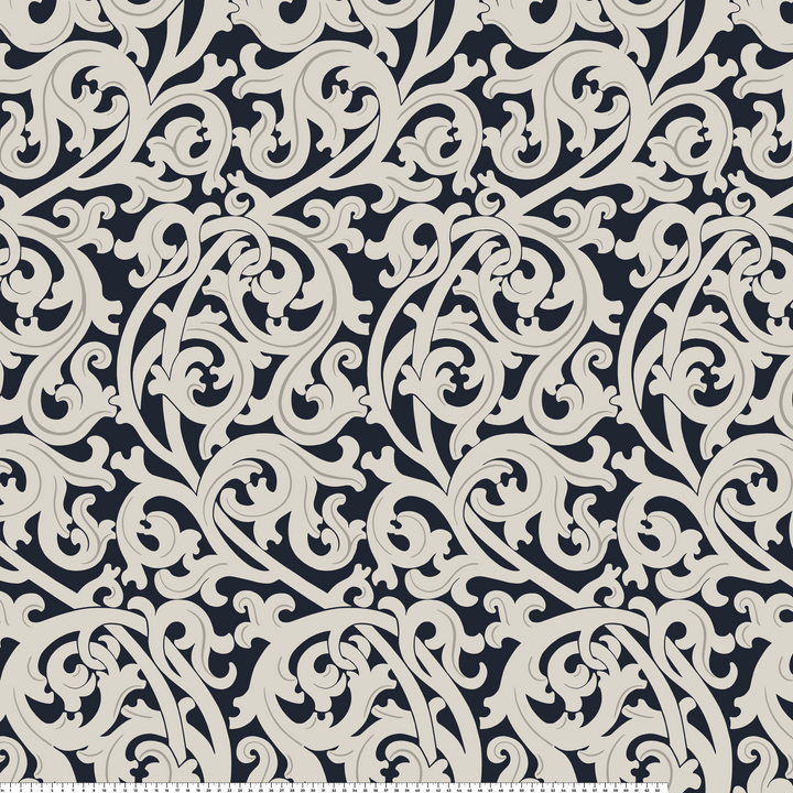 Large beige acanthus scroll motif on a navy ground: measurement scale view for fabric by the yard.