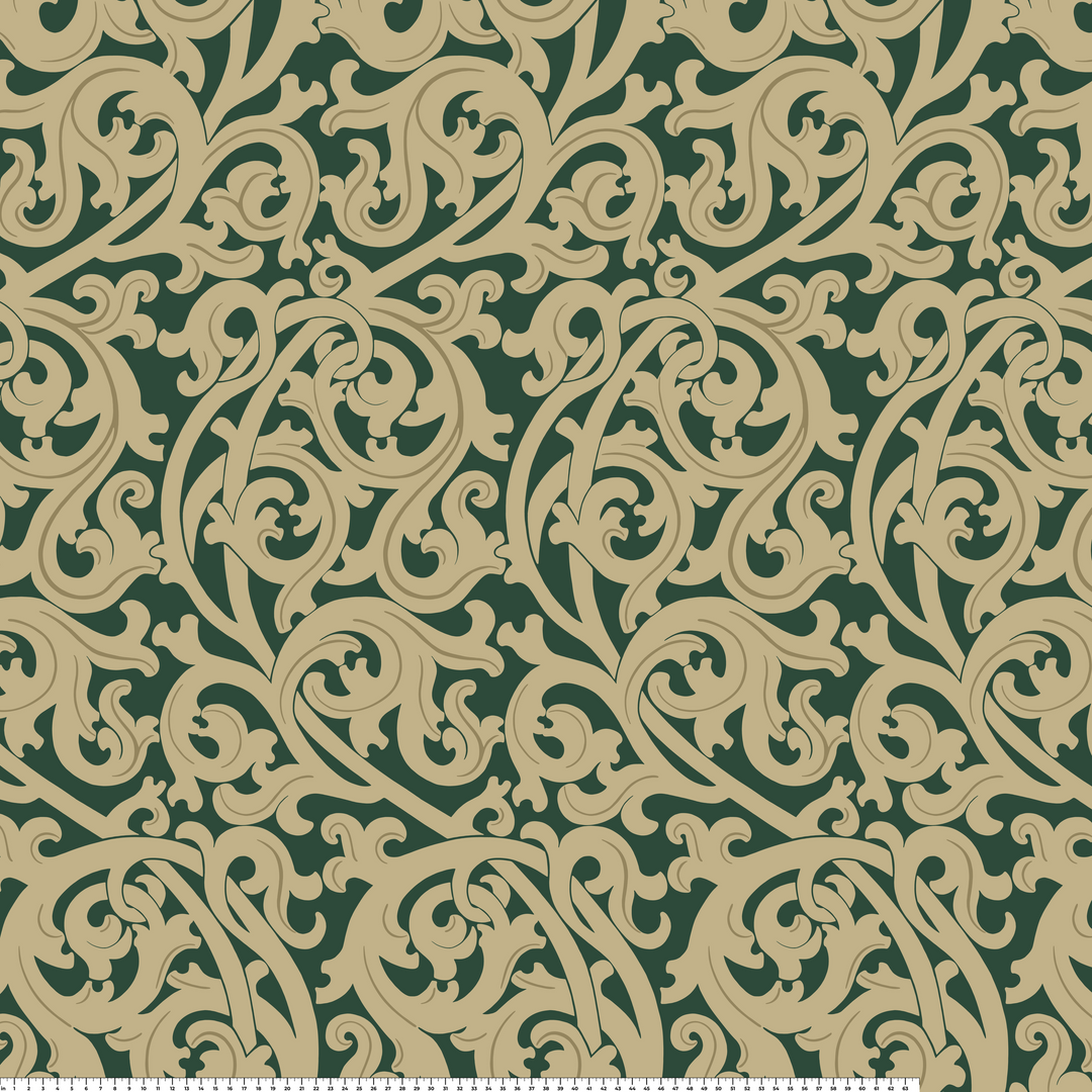 Large gold acanthus scroll motif on a green ground: measurement scale view for fabric by the yard.