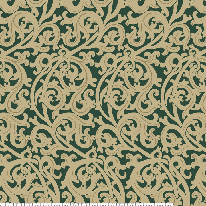Large gold acanthus scroll motif on a green ground: measurement scale view for fabric by the yard.