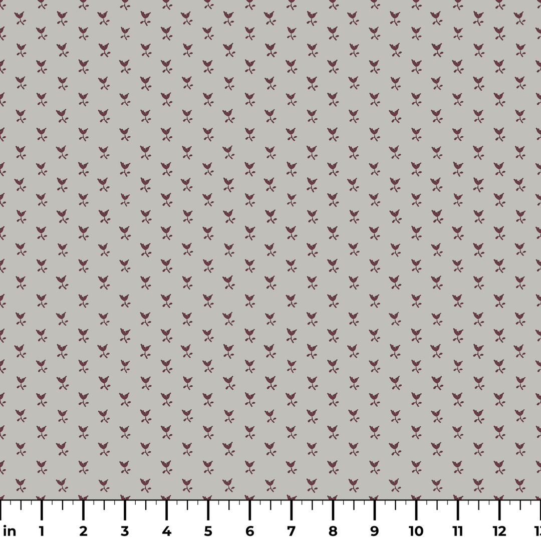 Deep red-brown Second Empire tulip silhouette on a pale grey ground: measurement scale view for fabric by the yard.
