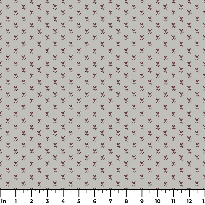 Deep red-brown Second Empire tulip silhouette on a pale grey ground: measurement scale view for fabric by the yard.