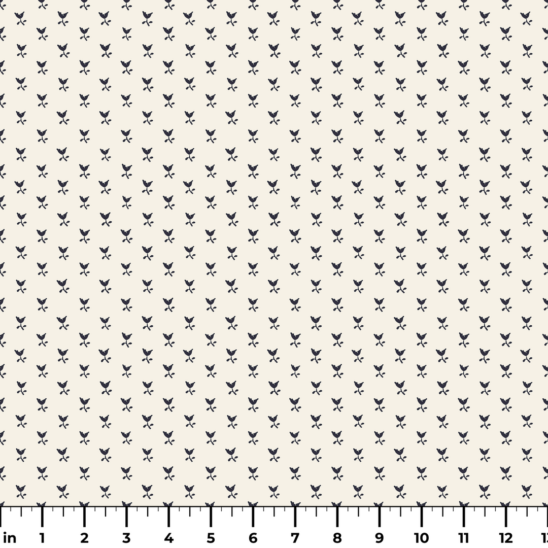 Near-black blue Second Empire tulip silhouette on an ivory ground: measurement scale view for fabric by the yard.