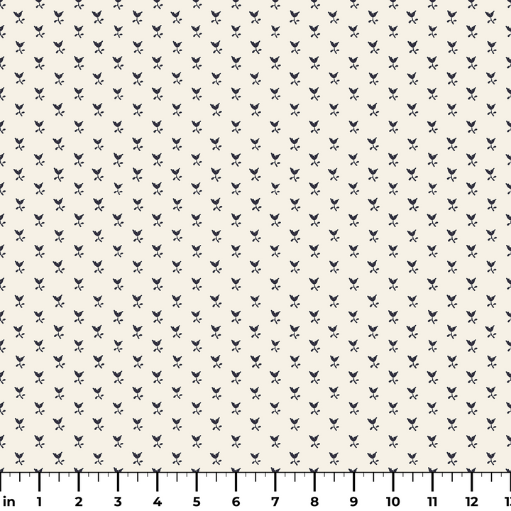 Near-black blue Second Empire tulip silhouette on an ivory ground: measurement scale view for fabric by the yard.