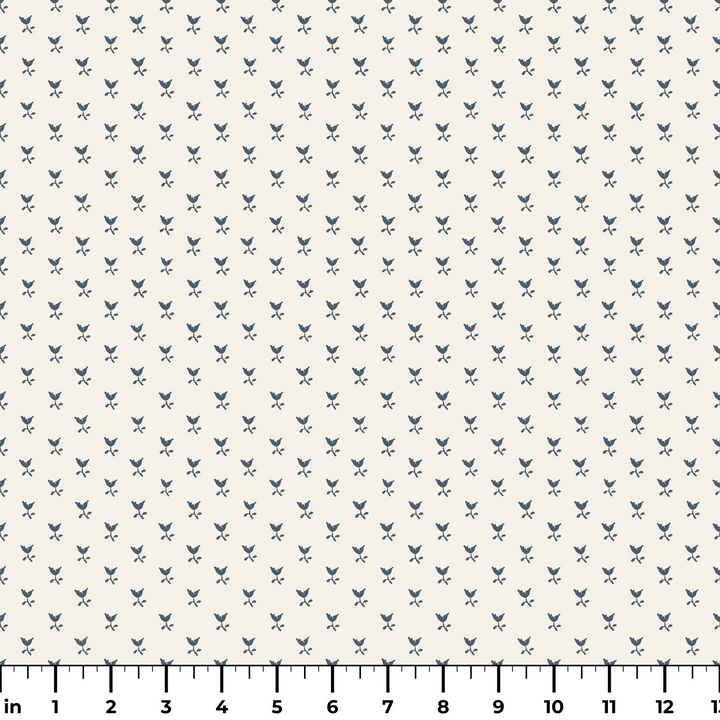 Blue-grey Second Empire tulip silhouette on a warm ivory ground: measurement scale view for fabric by the yard.