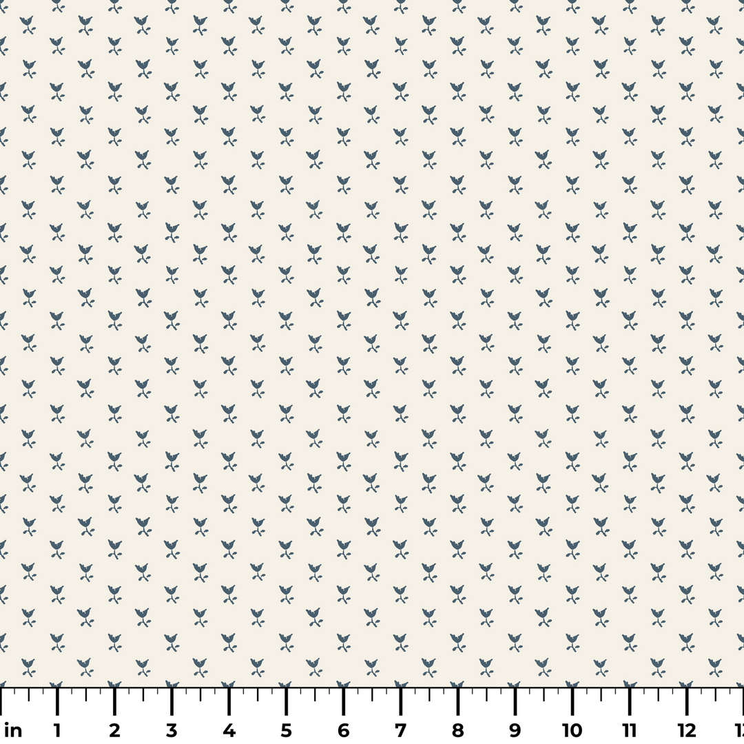 Blue-grey Second Empire tulip silhouette on a warm ivory ground: measurement scale view for fabric by the yard.
