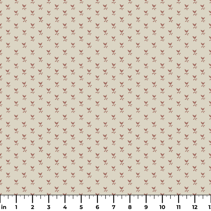 Warm brown Second Empire tulip silhouette on a pale greige ground: measurement scale view for fabric by the yard.