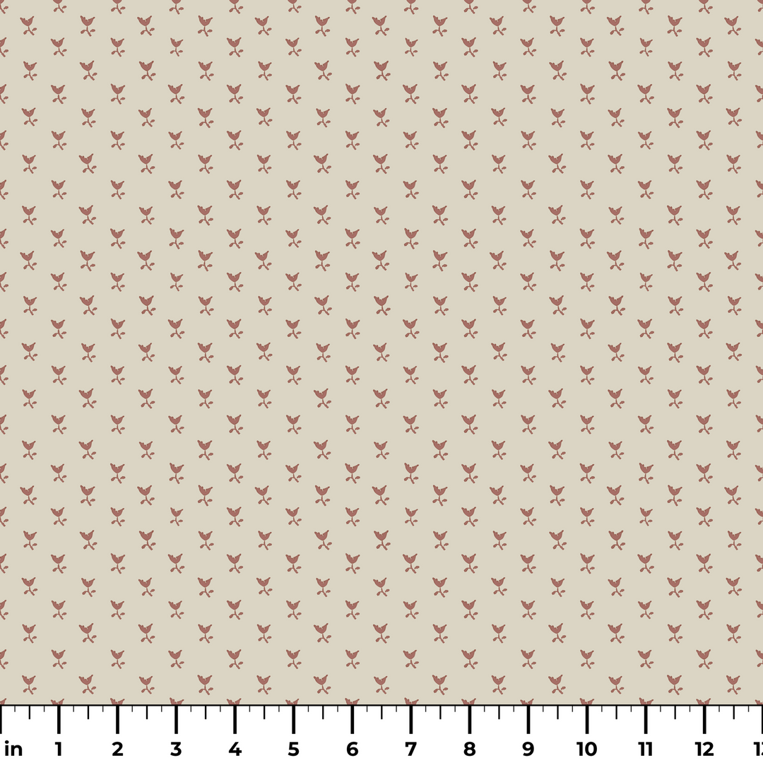 Warm brown Second Empire tulip silhouette on a pale greige ground: measurement scale view for fabric by the yard.