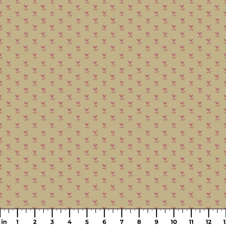 Dusty red Second Empire tulip silhouette on a warm tan ground: measurement scale view for fabric by the yard.