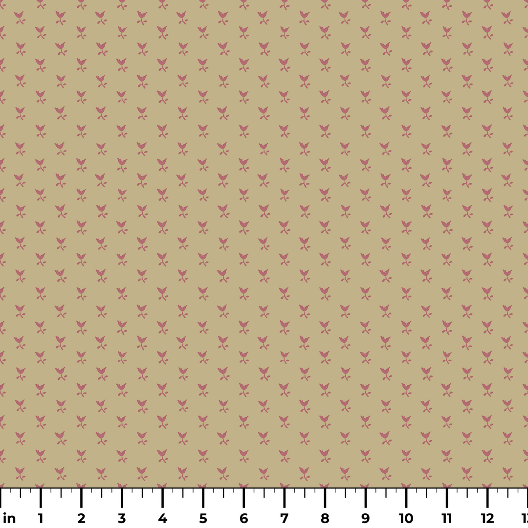 Dusty red Second Empire tulip silhouette on a warm tan ground: measurement scale view for fabric by the yard.