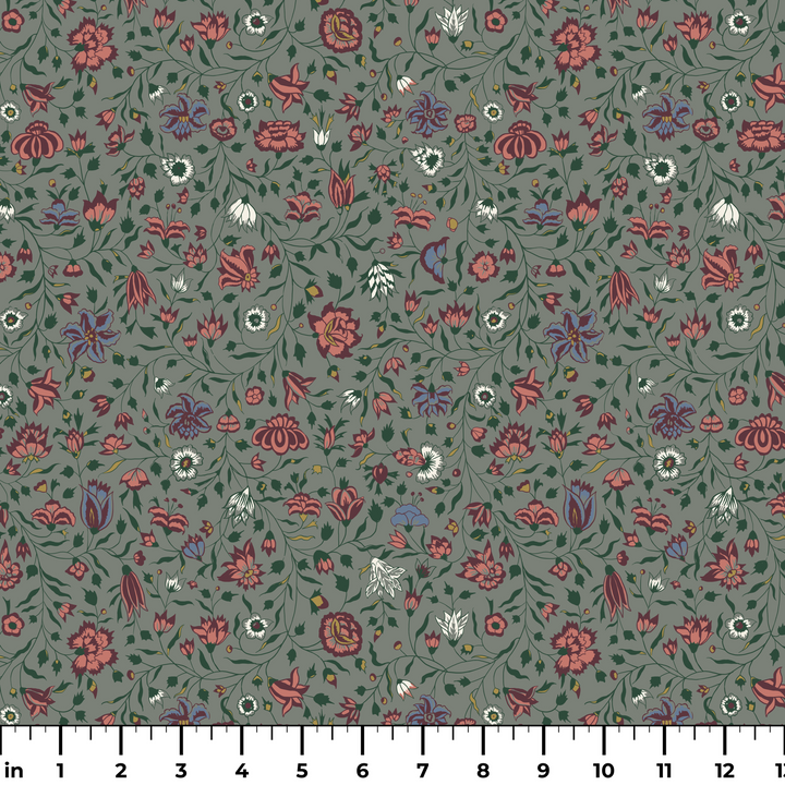 Dark purple 18th century Indian chintz vine on a grey-green ground: measurement scale view for fabric by the yard.
