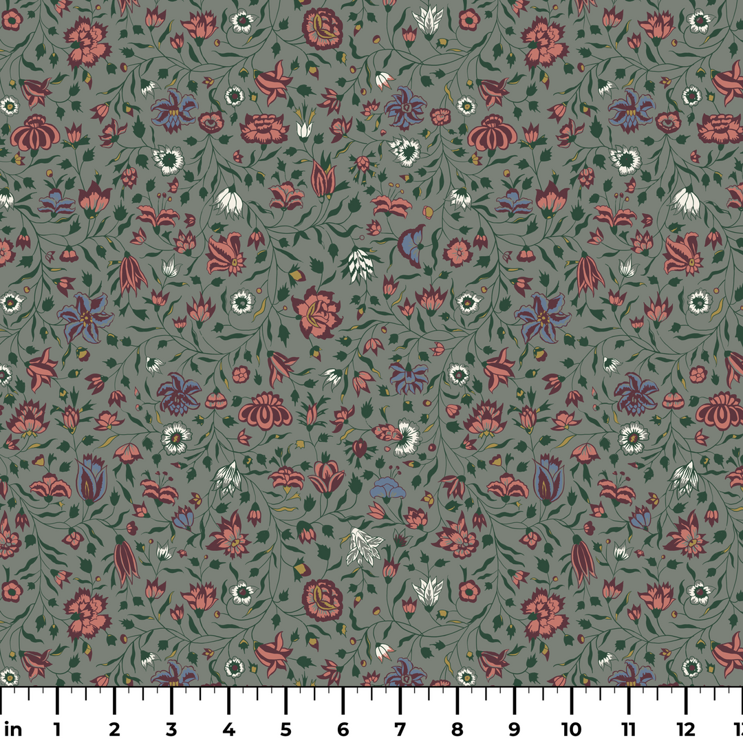 Dark purple 18th century Indian chintz vine on a grey-green ground: measurement scale view for fabric by the yard.