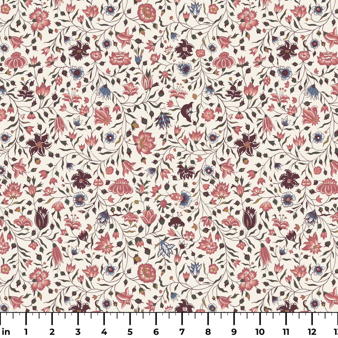 Red 18th century Indian chintz vine on a white ground: measurement scale view for fabric by the yard.