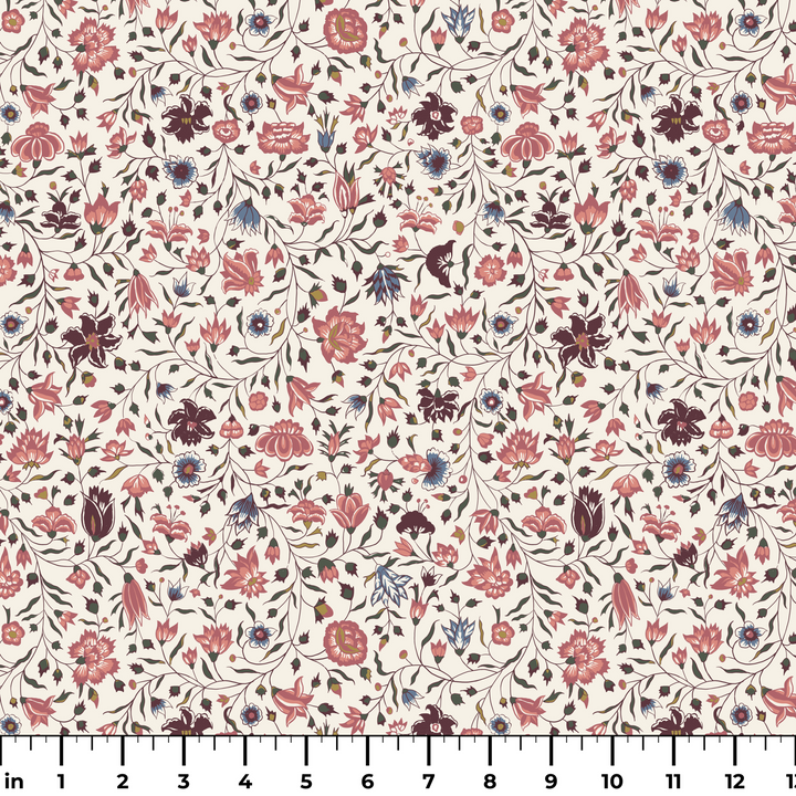Red 18th century Indian chintz vine on a white ground: measurement scale view for fabric by the yard.