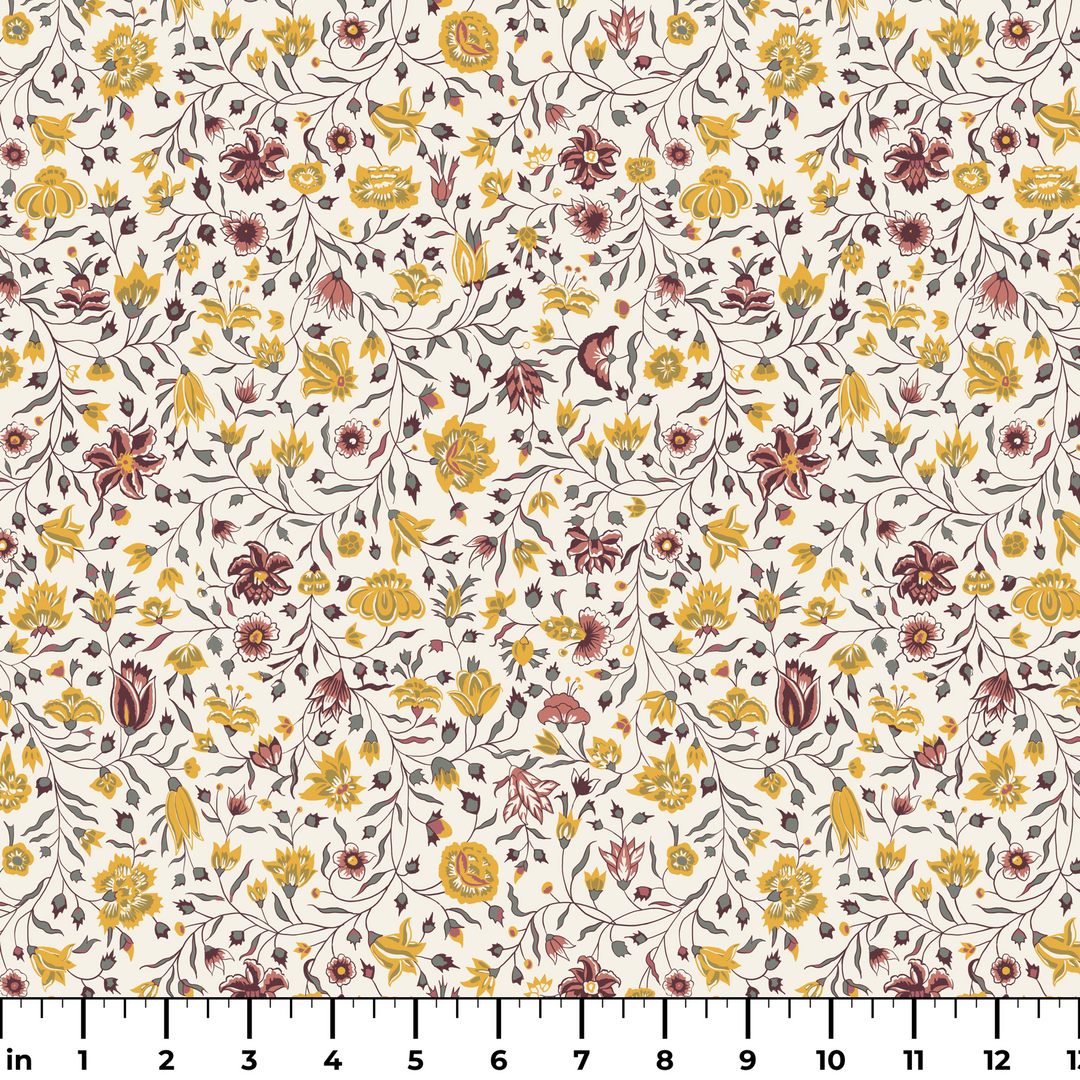 Yellow 18th century Indian chintz vine on a white ground: measurement scale view for fabric by the yard.