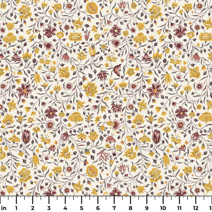 Yellow 18th century Indian chintz vine on a white ground: measurement scale view for fabric by the yard.