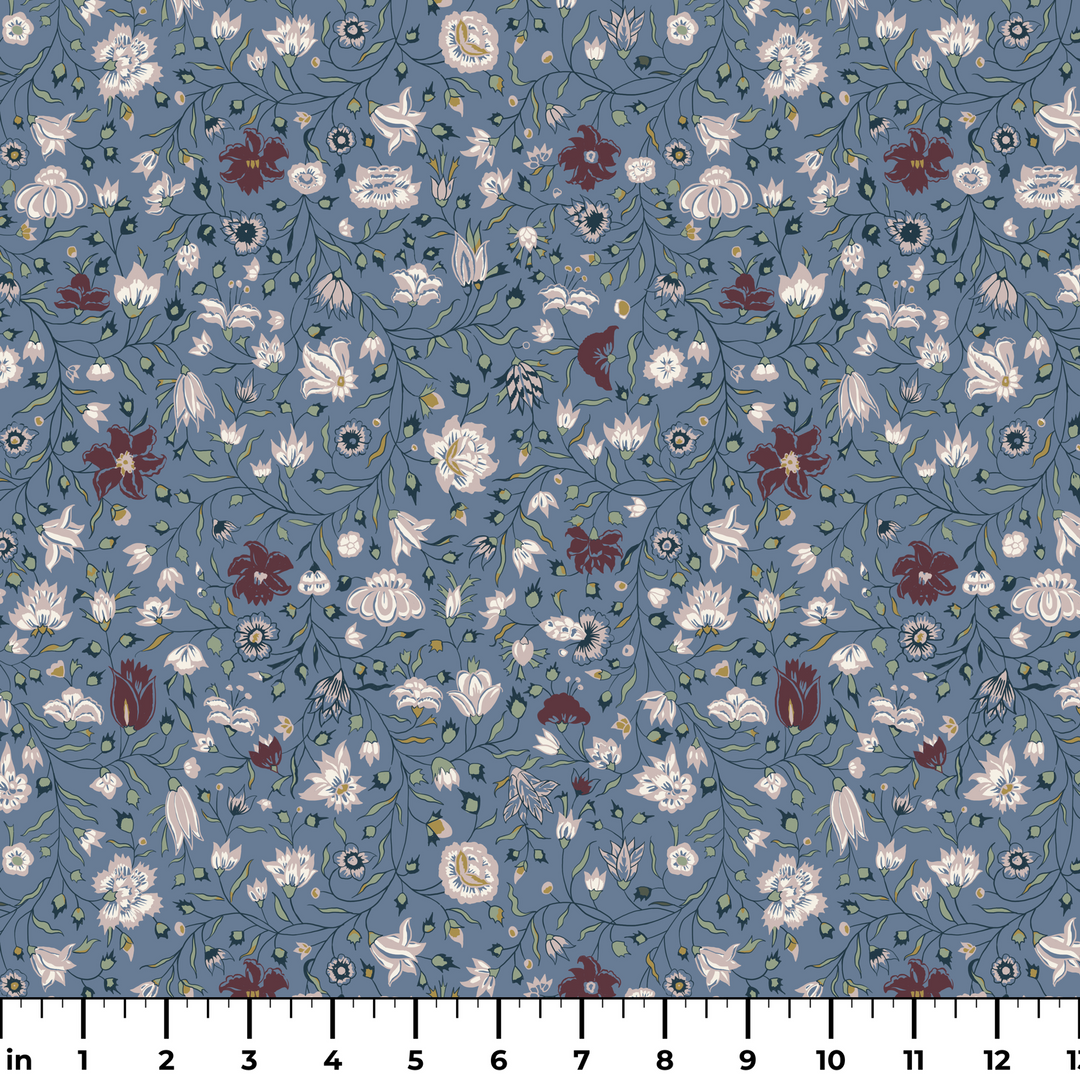 Pink 18th century Indian chintz vine on a muted blue ground: measurement scale view for fabric by the yard.