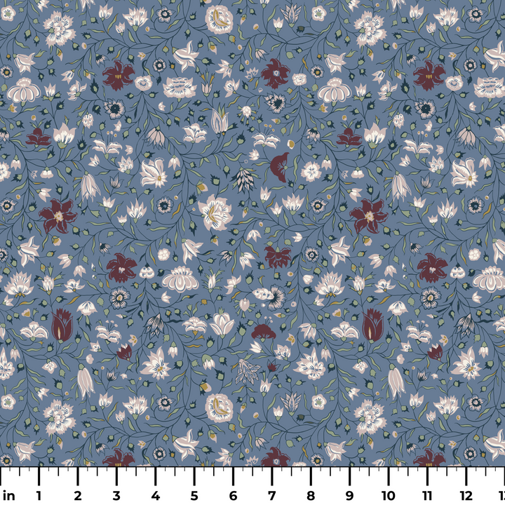 Pink 18th century Indian chintz vine on a muted blue ground: measurement scale view for fabric by the yard.