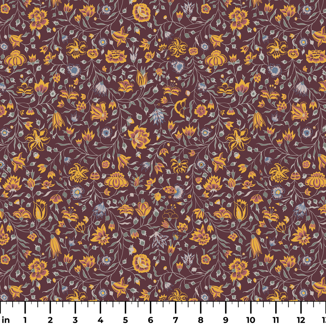 Yellow 18th century Indian chintz vine on a dark purple ground: measurement scale view for fabric by the yard.