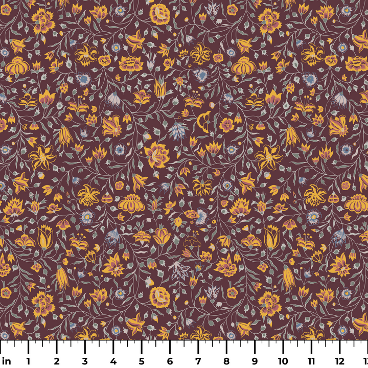 Yellow 18th century Indian chintz vine on a dark purple ground: measurement scale view for fabric by the yard.