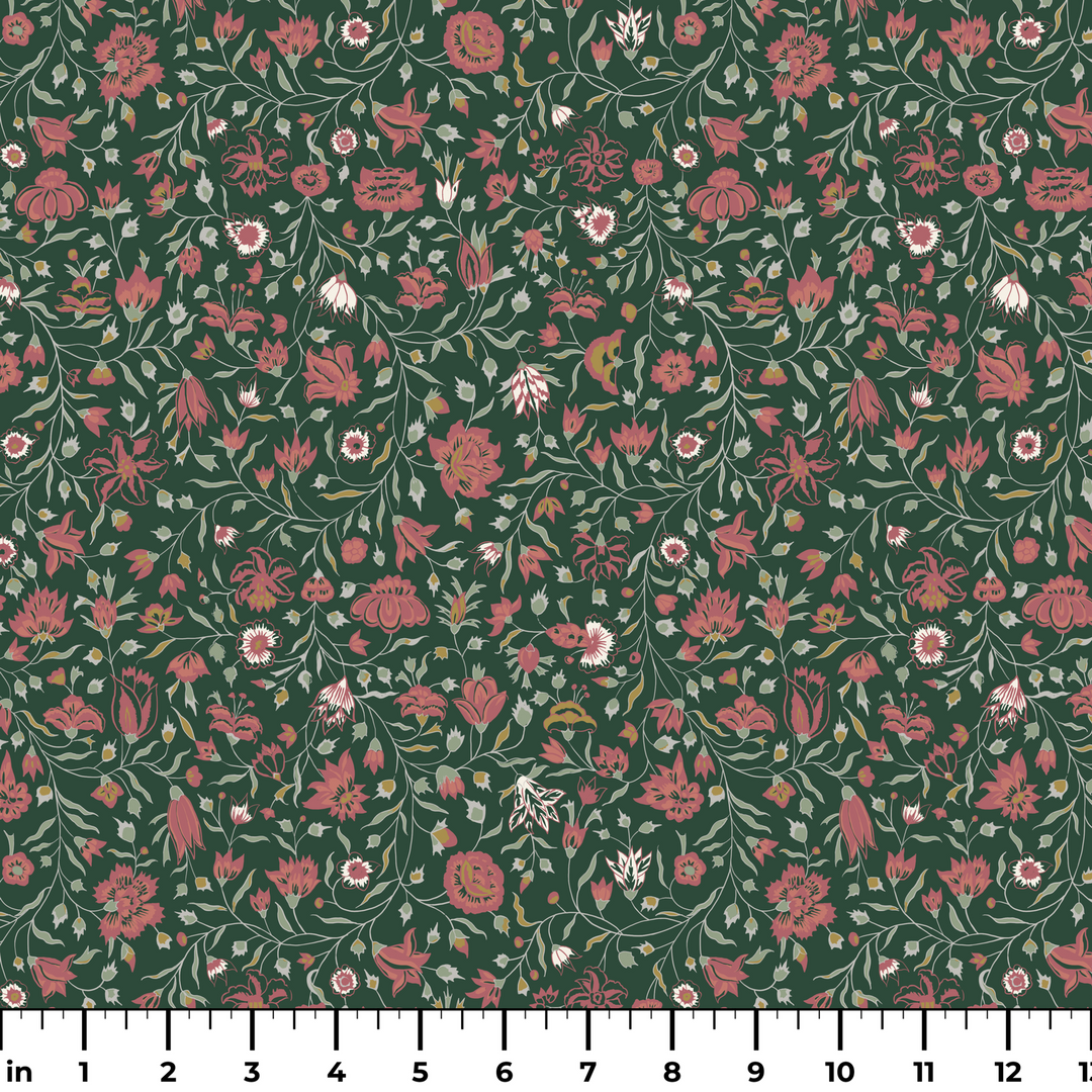 Red 18th century Indian chintz vine on a dark green ground: measurement scale view for fabric by the yard.