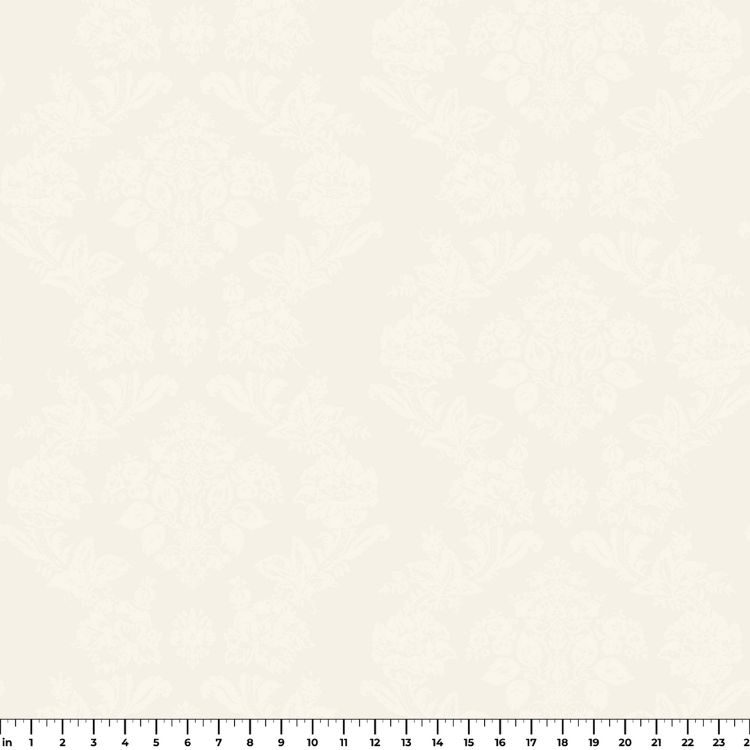 Cream early 20th century tone-on-tone brocade bouquets: measurement scale view for fabric by the yard.