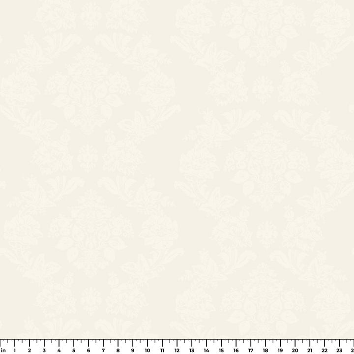 Cream early 20th century tone-on-tone brocade bouquets: measurement scale view for fabric by the yard.