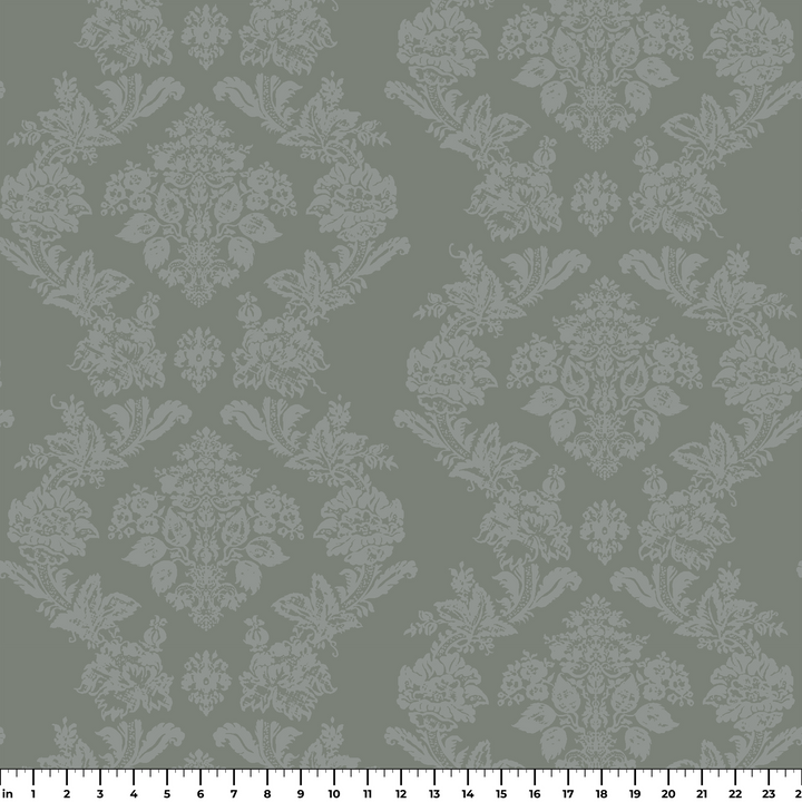 Grey-green early 20th century tone-on-tone brocade bouquets: measurement scale view for fabric by the yard.