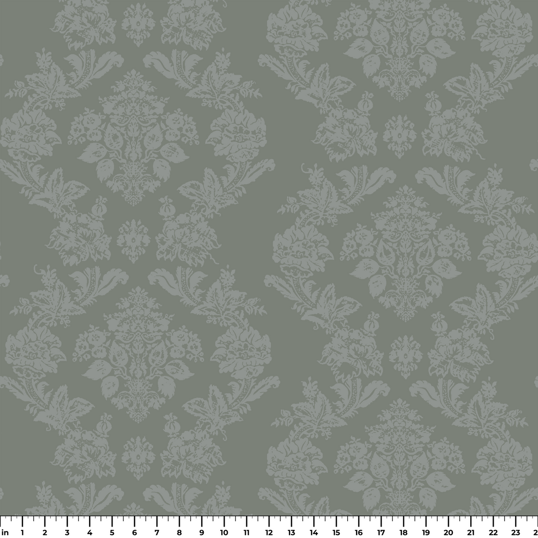 Grey-green early 20th century tone-on-tone brocade bouquets: measurement scale view for fabric by the yard.