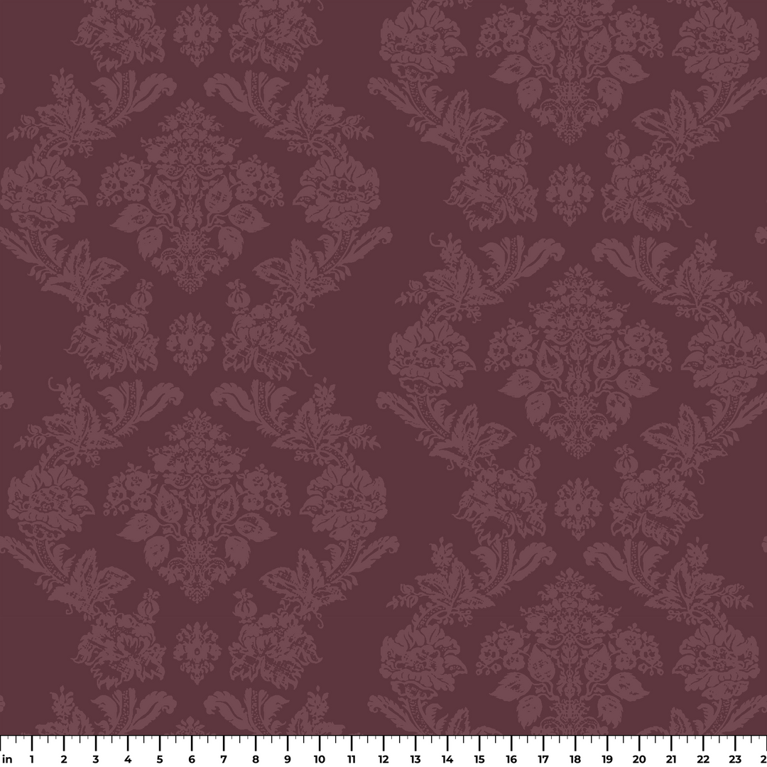 Dark purple early 20th century tone-on-tone brocade bouquets: measurement scale view for fabric by the yard.