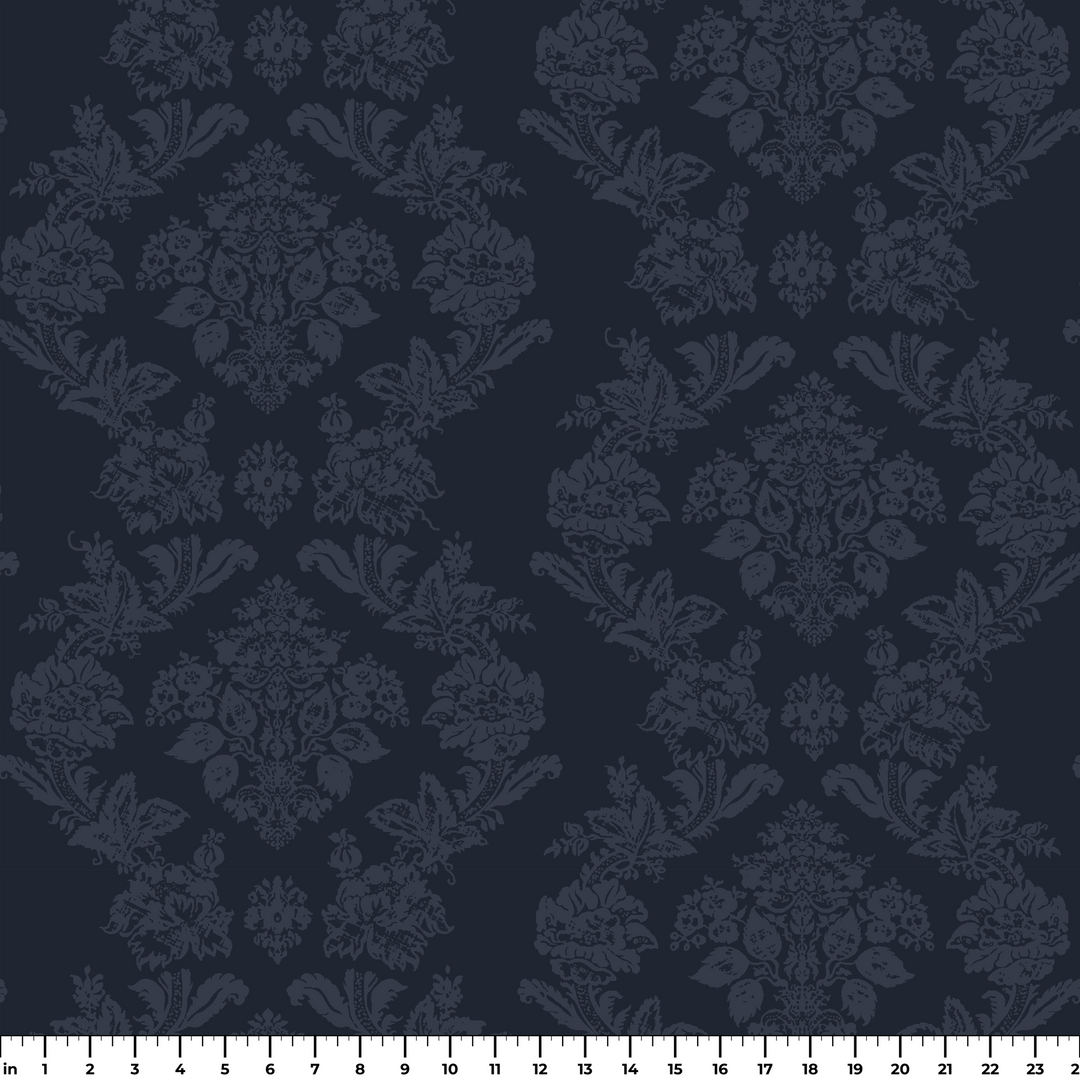 Navy early 20th century tone-on-tone brocade bouquets: measurement scale view for fabric by the yard.