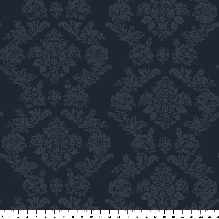 Navy early 20th century tone-on-tone brocade bouquets: measurement scale view for fabric by the yard.