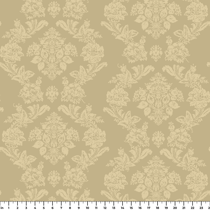 Gold early 20th century tone-on-tone brocade bouquets: measurement scale view for fabric by the yard.