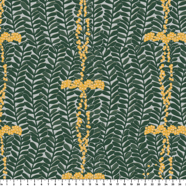 Dark green 1918 leaf sprays with yellow berries on a grey ground: measurement scale view for fabric by the yard.