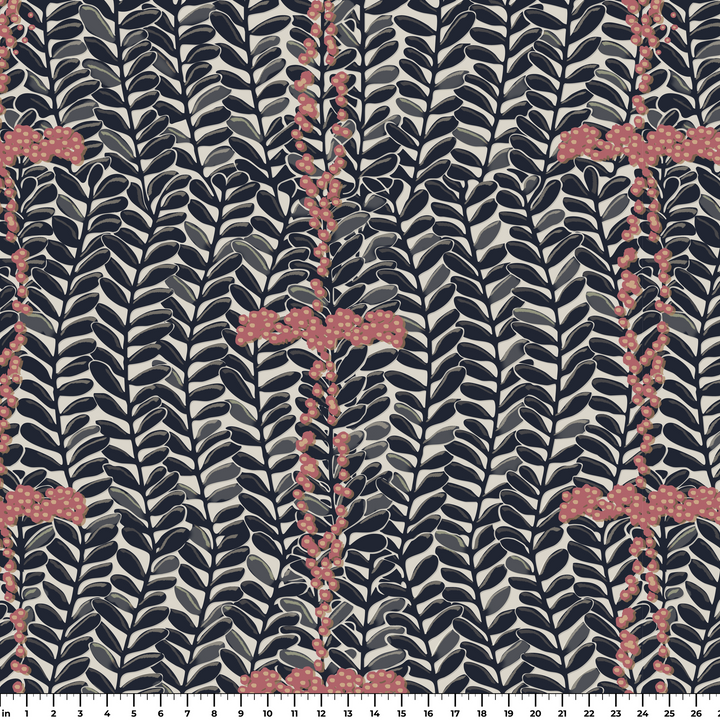 Navy 1918 leaf sprays with red berries on a beige ground: measurement scale view for fabric by the yard.