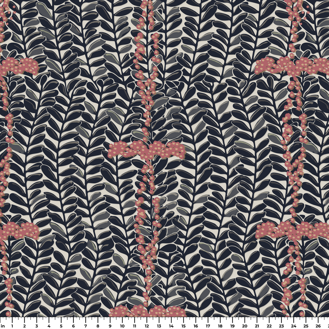 Navy 1918 leaf sprays with red berries on a beige ground: measurement scale view for fabric by the yard.