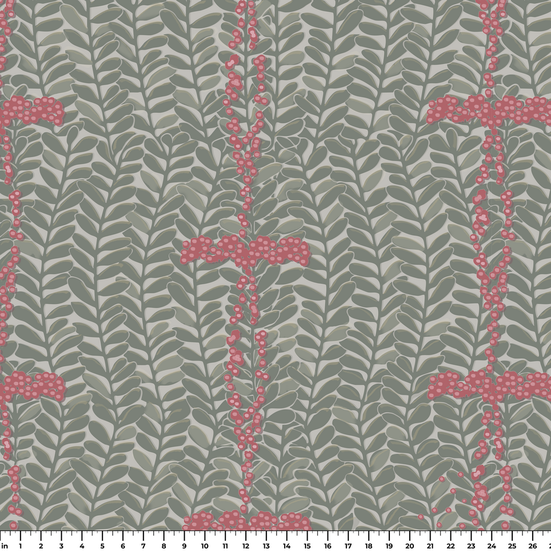 Grey-green 1918 leaf sprays with red berries on a grey ground: measurement scale view for fabric by the yard.