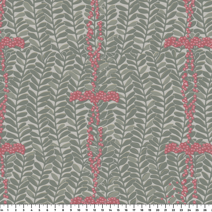 Grey-green 1918 leaf sprays with red berries on a grey ground: measurement scale view for fabric by the yard.