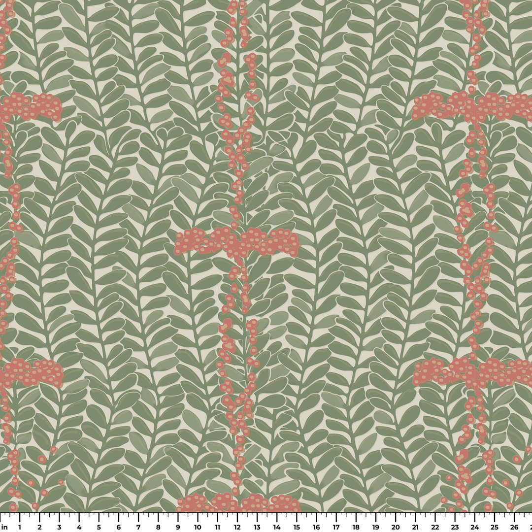 Muted green 1918 leaf sprays with red berries on a beige ground: measurement scale view for fabric by the yard.
