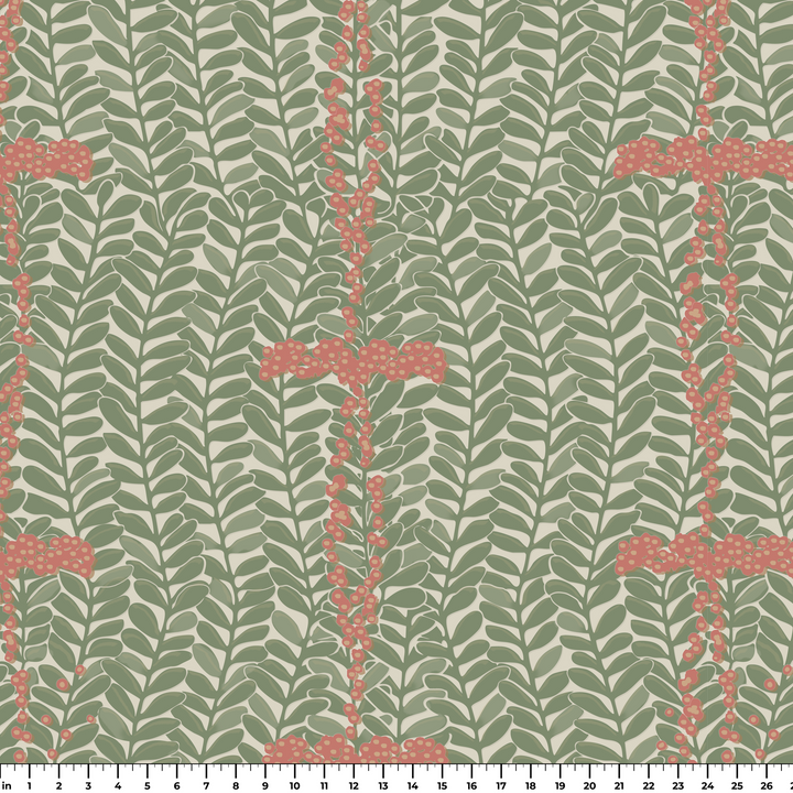 Muted green 1918 leaf sprays with red berries on a beige ground: measurement scale view for fabric by the yard.