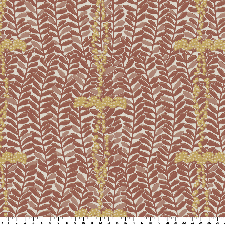 Brown 1918 leaf sprays with gold berries on a beige ground: measurement scale view for fabric by the yard.