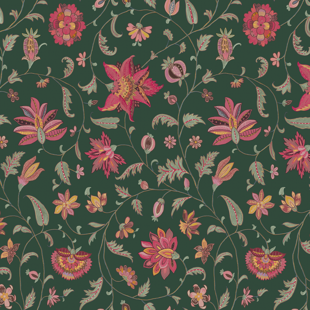 Red and gold florals on a dark green ground seamless repeating pattern tile for fabric by the yard.
