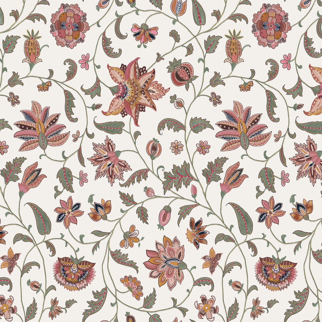 Red and navy floral vines on a white ground seamless repeating pattern tile for fabric by the yard.