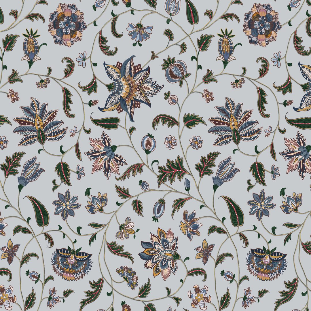 Navy floral vines on a grey ground seamless repeating pattern tile for fabric by the yard.