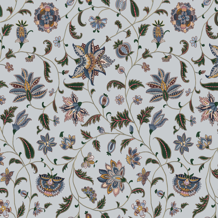 Navy floral vines on a grey ground seamless repeating pattern tile for fabric by the yard.